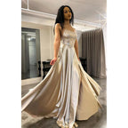 Robe de bal trapèze à bretelles spaghetti et appliques en dentelle pour femme avec fente 