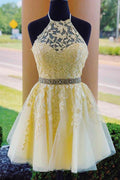 Vestido de fiesta de línea A con escote halter y espalda descubierta