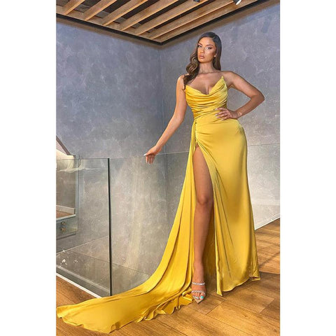 Sheath/column Pleats Strapless Satin High Slit Long Prom Evening Dress