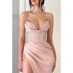 Vestido de fiesta largo plisado de satén con escote en V y abertura alta sexy