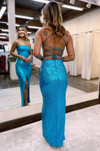 Robe de bal fourreau bleu à sequins avec fente et dos nu