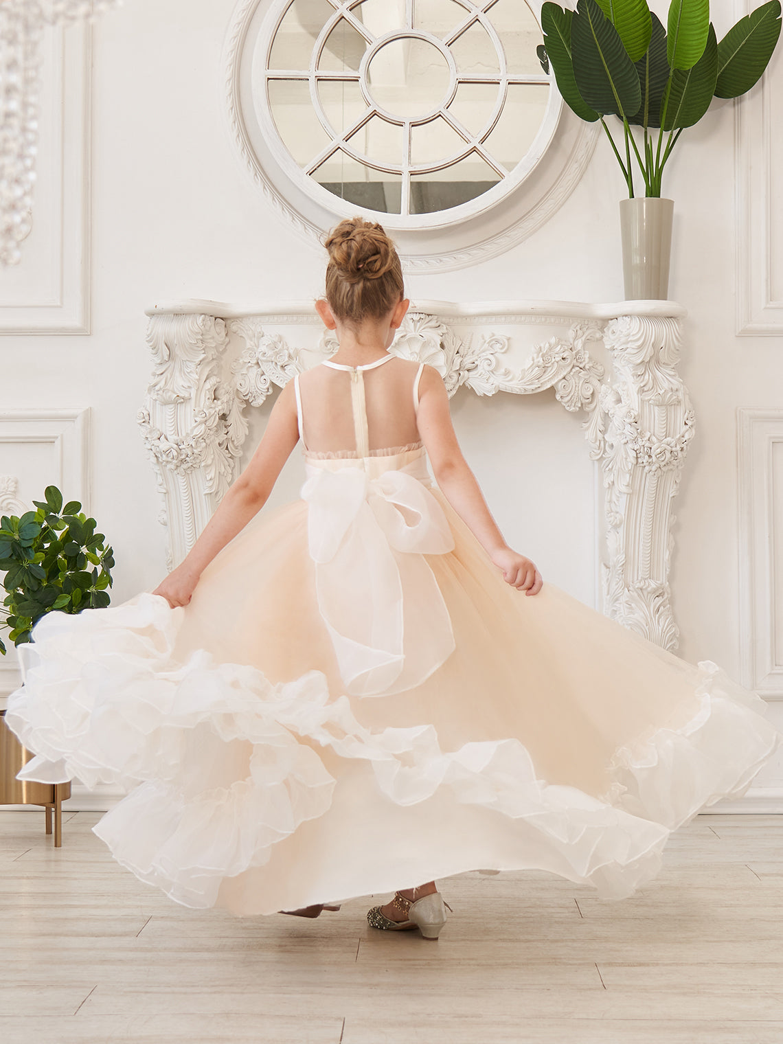 Vestido rosa de corte A, largo hasta el suelo, de tul y organza (010226975) 