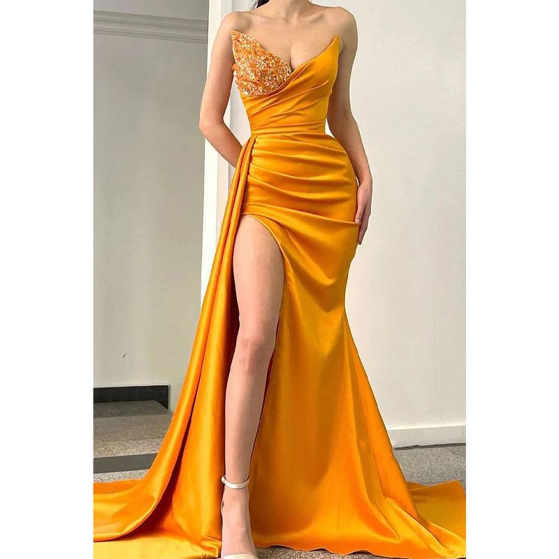 Vestido de fiesta de graduación largo con pliegues de satén y cuentas con escote en V sexy