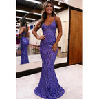 Vestido de noche para fiesta de graduación, sexy y brillante, con tirantes finos, escote en V, espalda descubierta y lentejuelas
