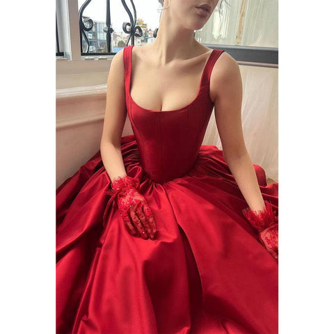 Satin A-line Spaghetti Straps with Side Slit Train Party Prom Evening Dress