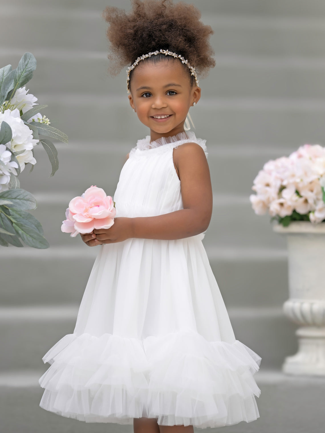 Vestido de niña de las flores color marfil hasta la rodilla, de tul y gasa 