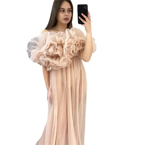 Robe de soirée photo en tulle à une épaule, effet froissé, épaules dénudées, manches courtes, pour femme enceinte