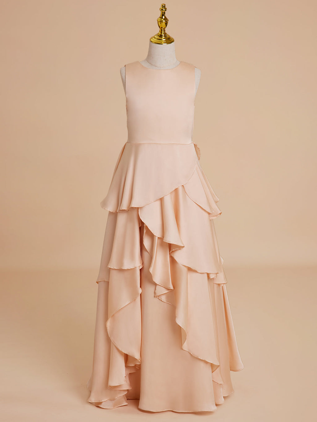 Vestido de niña de las flores de corte A, de gasa color melocotón claro hasta el suelo 