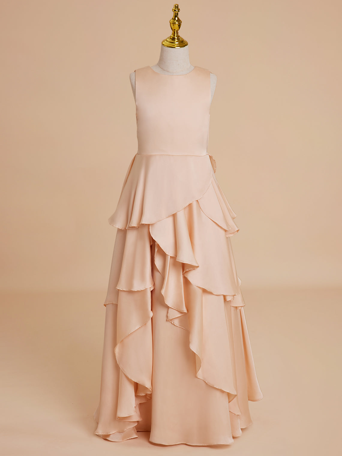 Vestido de niña de las flores de corte A, de gasa color melocotón claro hasta el suelo 