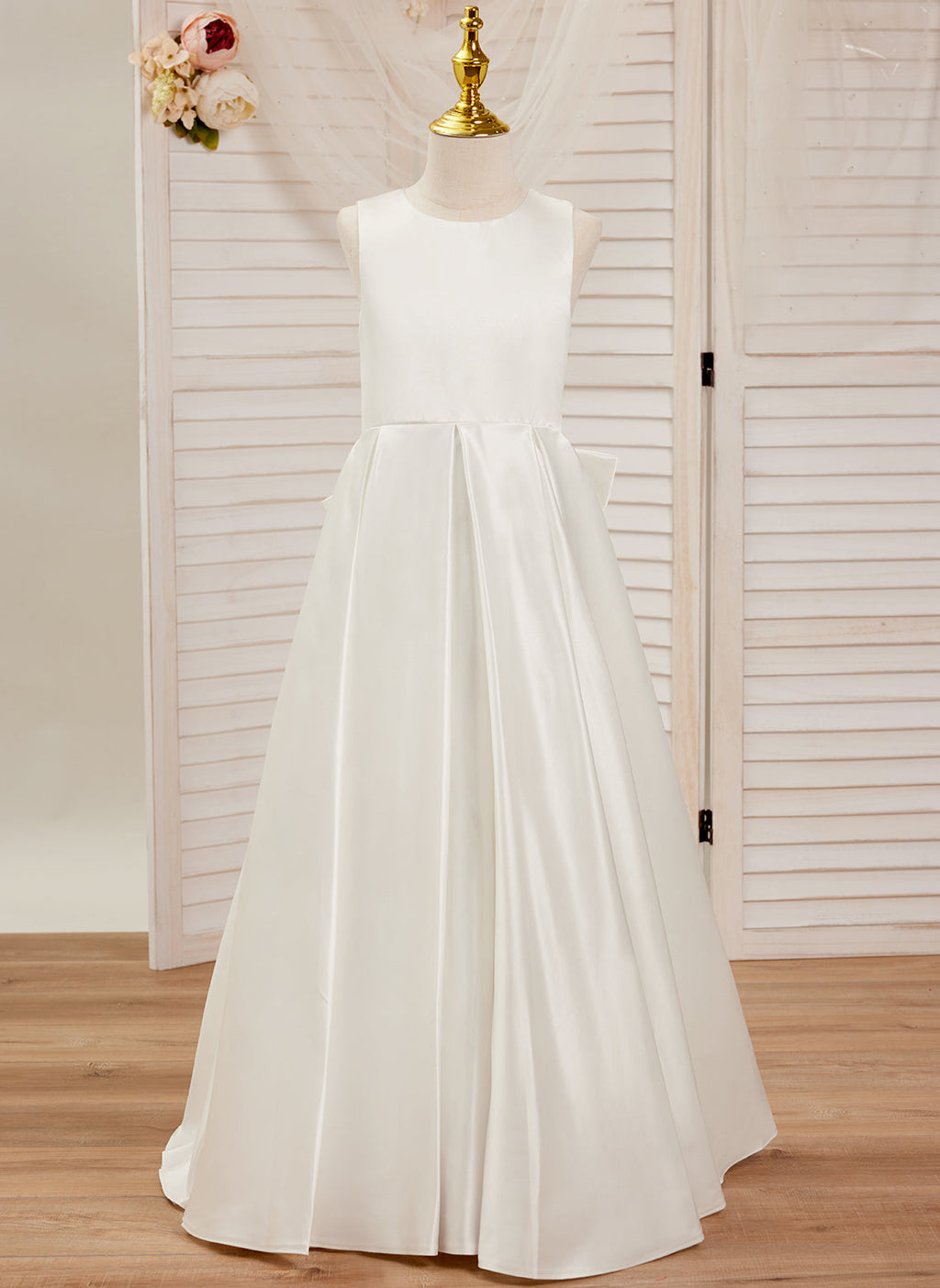 Vestido de niña de las flores para la Primera Comunión, corte en A, encaje y satén, hasta el suelo 