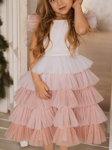 Vestido de princesa rosa de tul hasta la rodilla con mangas de plumas para niñas de las flores (010224240) 