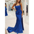 Robe de soirée à paillettes, détachable, épaules dénudées et fente latérale 