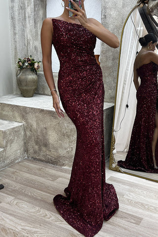 Vestidos de noche formales y sexys con abertura asimétrica y cuello oblicuo. 