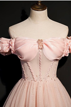 Vestido de princesa rosa de tul con cuentas, estilo princesa, con hombros descubiertos, vestido de noche Y7584
