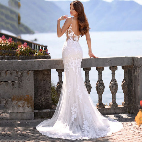 Elegant Mermaid Wedding Dress V-Neck Spaghetti Straps Lace Appliques Backless Bridal Gown Floor Length Vestidos De Novia