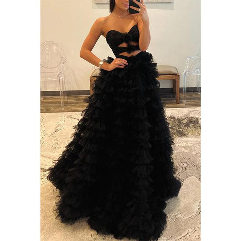 Sweetheart Strapless A-line Illusion Tiered with Side Slit Party Prom Evening Dress