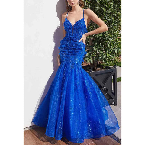 V-Neck Spaghetti Straps Appliqued Tulle Mermaid Long Prom Evening Dress