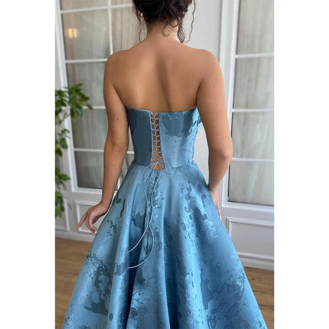 Satin A-line Strapless Appliques with Side Slit Party Prom Evening Dress