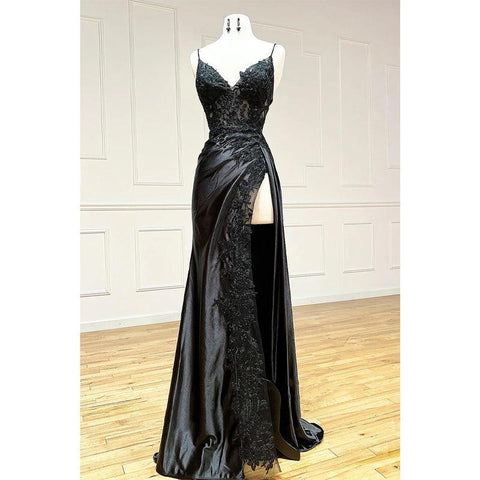 Robe de bal longue noire à bretelles spaghetti et appliques en dentelle fendues sur le côté