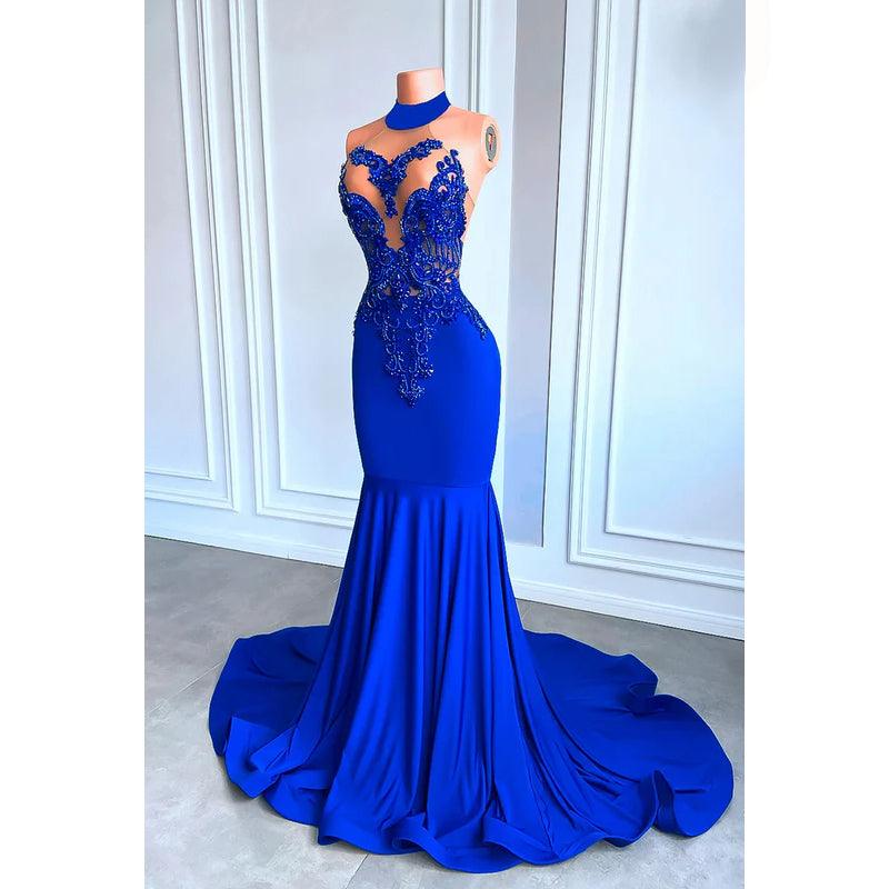 Vestido de fiesta de noche sexy, sin mangas, con cuello alto y volantes dramáticos y glamuroso