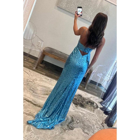 Robe de soirée longue fourreau à bretelles spaghetti et décolleté en V et paillettes