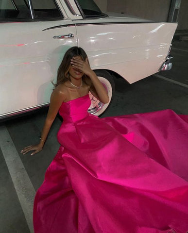 Robe de soirée longue bustier en satin rose fuchsia, élégante robe de cérémonie Y441