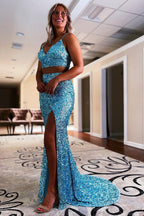 Two Piece Light Blue Sequins Mermaid Prom Dress with Slit