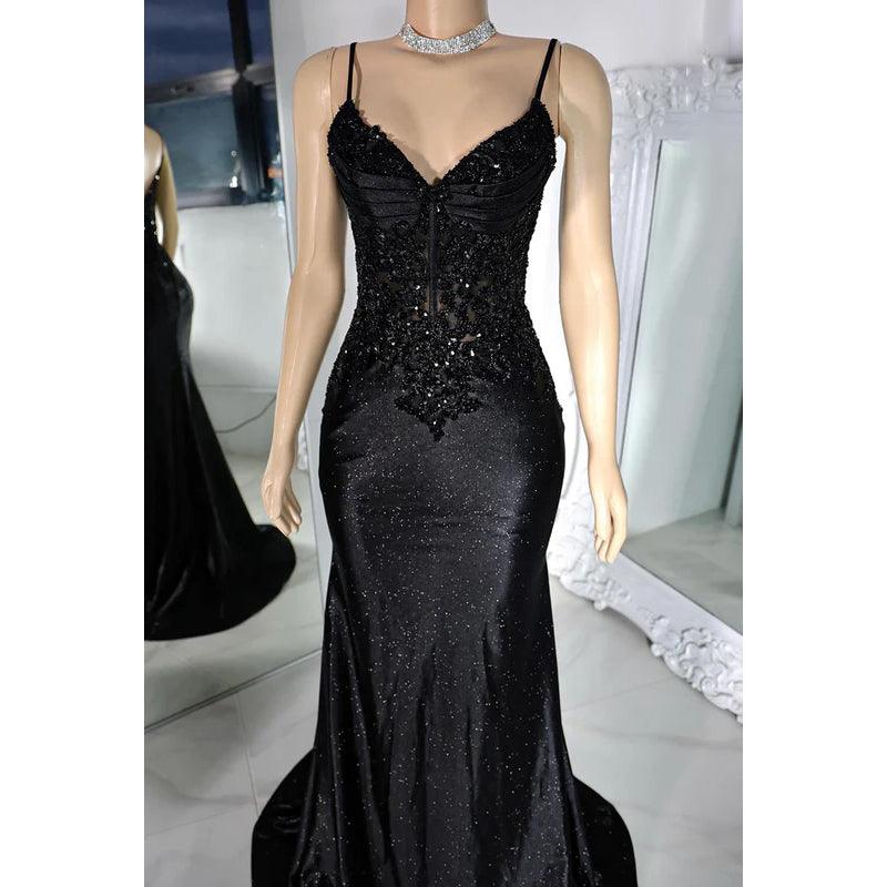 Vestido de fiesta de noche con lentejuelas y escote en V, estilo sirena, glamuroso y dramático, con tirantes finos