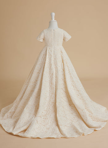 A-line Lace Sweep Train Ivory Dress (010146744)