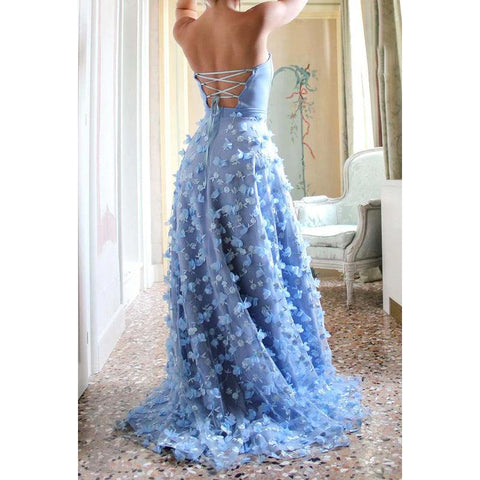 Robe de bal longue trapèze en tulle appliqué, sans bretelles, à lacets et fente