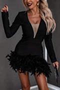 Faites votre entrée avec cette mini-robe de soirée asymétrique à manches longues et plumes. 