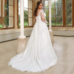 Pastrol Wedding Dresses Plus Size Long Sleeves Lace Up Bride Gowns Applique A-Line Tulle V-Neck vestido de noiva