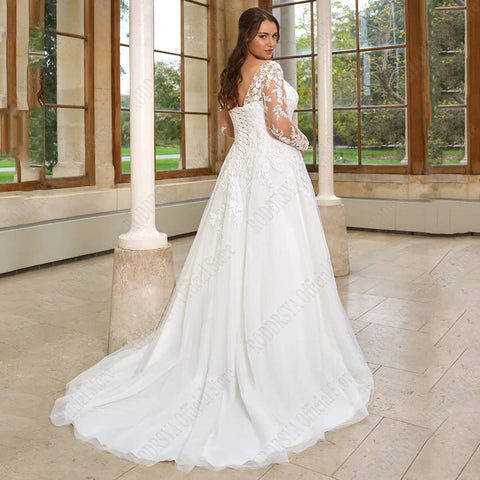 Pastrol Wedding Dresses Plus Size Long Sleeves Lace Up Bride Gowns Applique A-Line Tulle V-Neck vestido de noiva