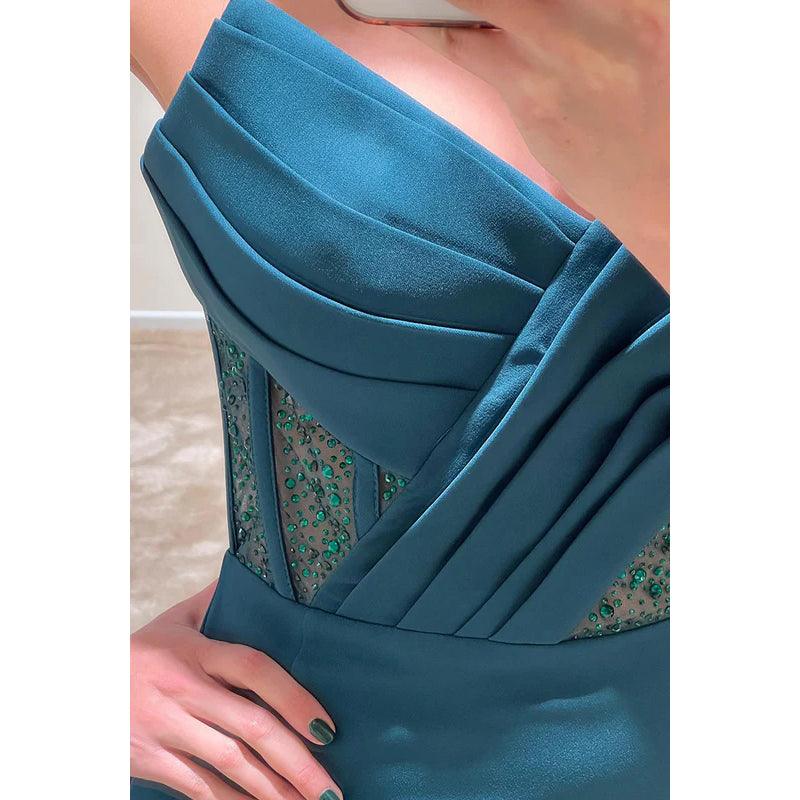 Robe de soirée longue à col en V, bustier, froncée, transparente, avec perles
