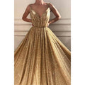 Robe de soirée formelle scintillante à paillettes dorées, coupe trapèze, col en V, bretelles spaghetti 
