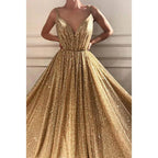 Robe de soirée formelle scintillante à paillettes dorées, coupe trapèze, col en V, bretelles spaghetti 