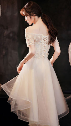 Vestido de fiesta asimétrico de tul color champán, vestido de noche color champán Y983