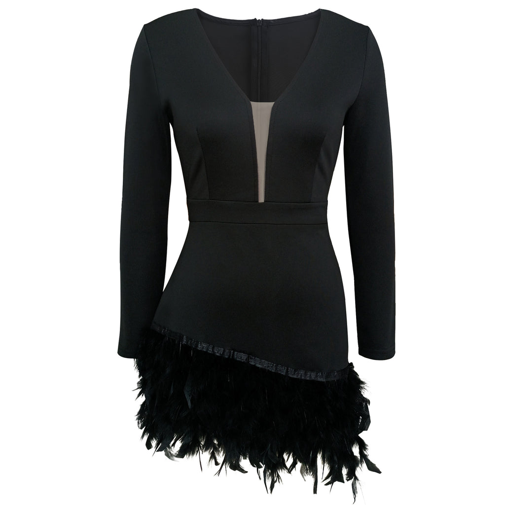 TARUXY Deep V Neck Mini Dress For Women Feathers Patchwork Sexy Bodycon Dresses Ladies Slim Solid Party Prom Dress Woman 2023