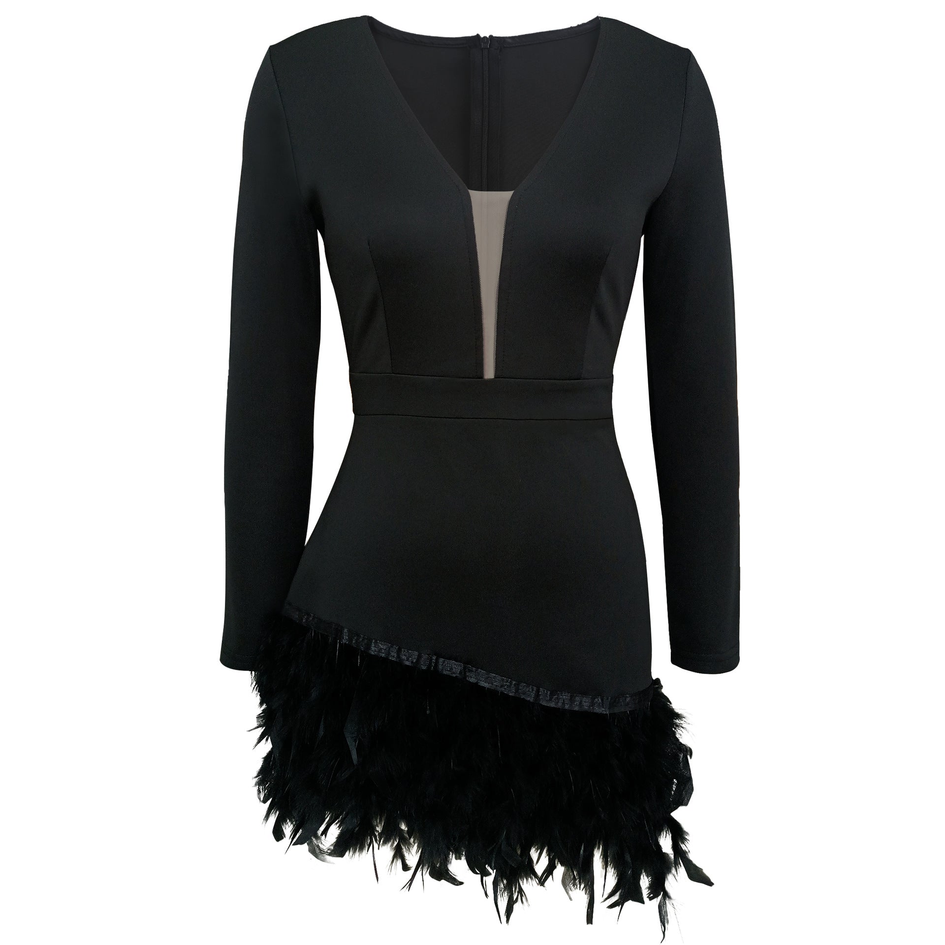 TARUXY Deep V Neck Mini Dress For Women Feathers Patchwork Sexy Bodycon Dresses Ladies Slim Solid Party Prom Dress Woman 2023
