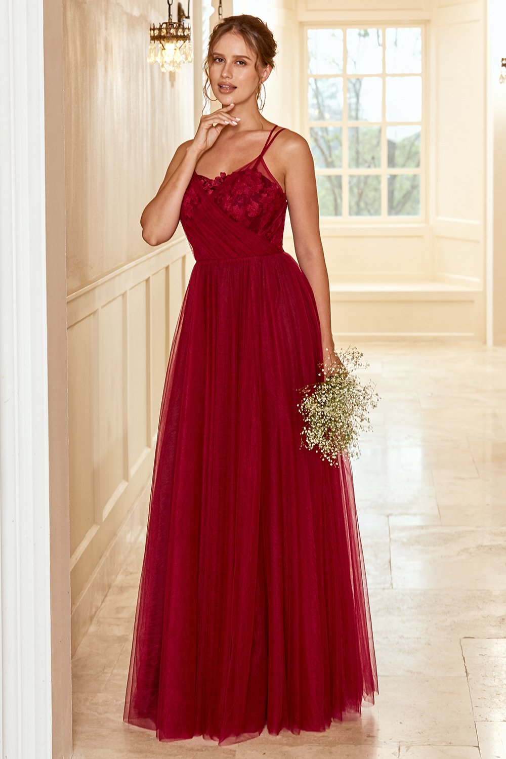 Robe longue de demoiselle d'honneur bordeaux avec dentelle