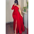 Vestido de noche de fiesta con abertura, manga larga, cuentas y un hombro 