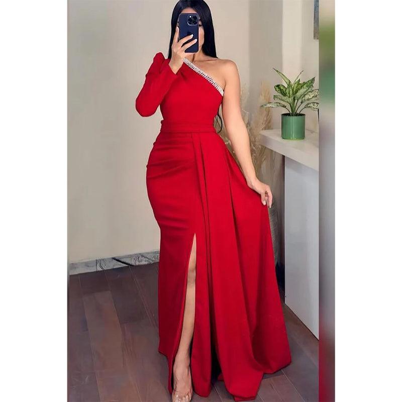 Vestido de noche de fiesta con abertura, manga larga, cuentas y un hombro 