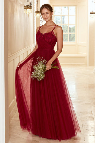 Robe longue de demoiselle d'honneur bordeaux avec dentelle