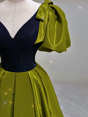 Robe de bal sexy verte en satin, col en V, manches bouffantes, robe de soirée Y7600