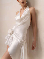 Vestido corto sexy TARUXY para mujer, con escote en V profundo, estampado floral, cordones, cuello halter, ajustado, sin espalda, sin mangas, ideal para fiestas, discotecas y eventos nocturnos. 