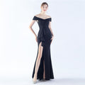 Classic Satin Off Shoulder Long Evening Dress Elegant Timeless