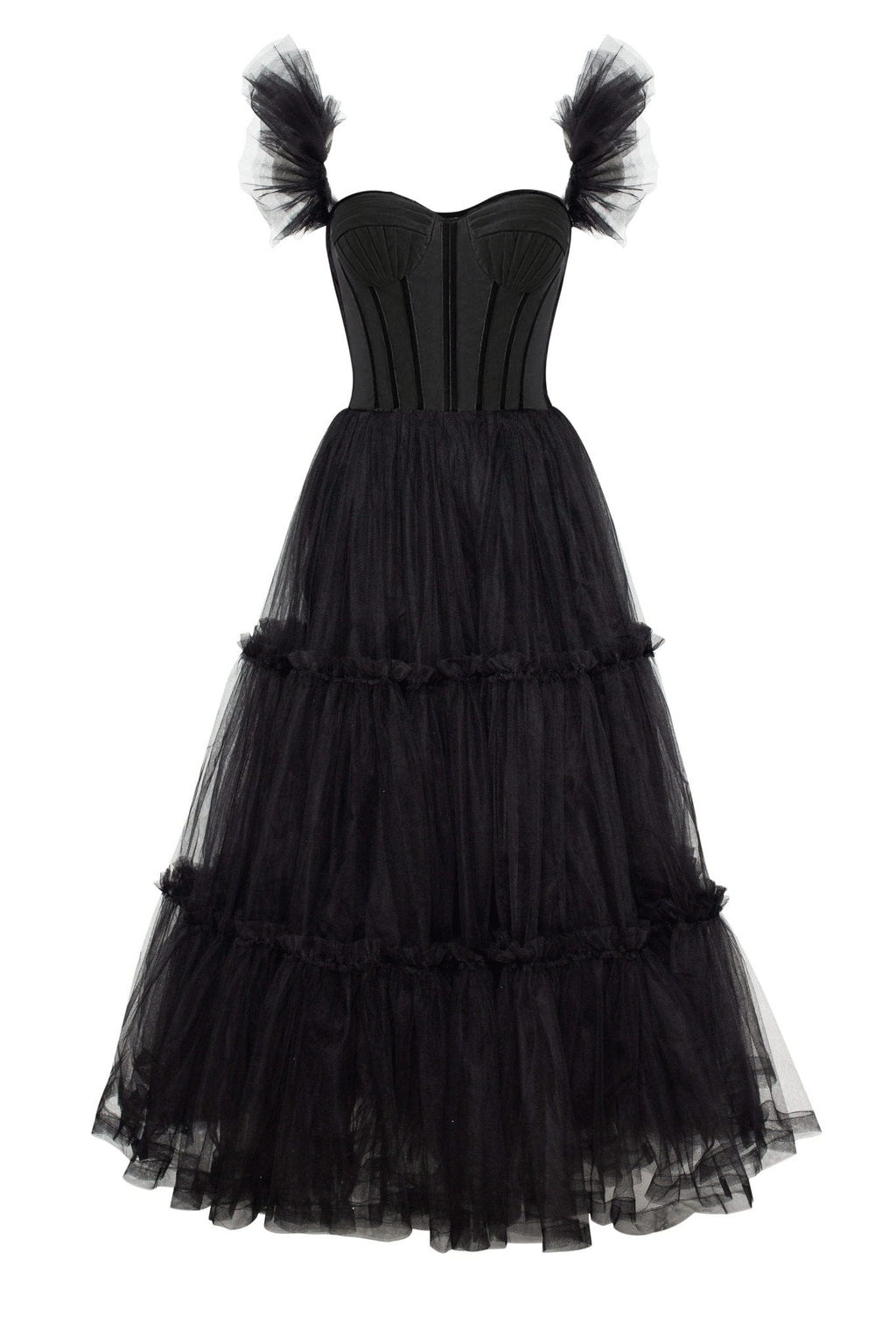 Vestido de fiesta de tul con volantes y corsé de corte en A