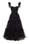 Vestido de fiesta de tul con volantes y corsé de corte en A