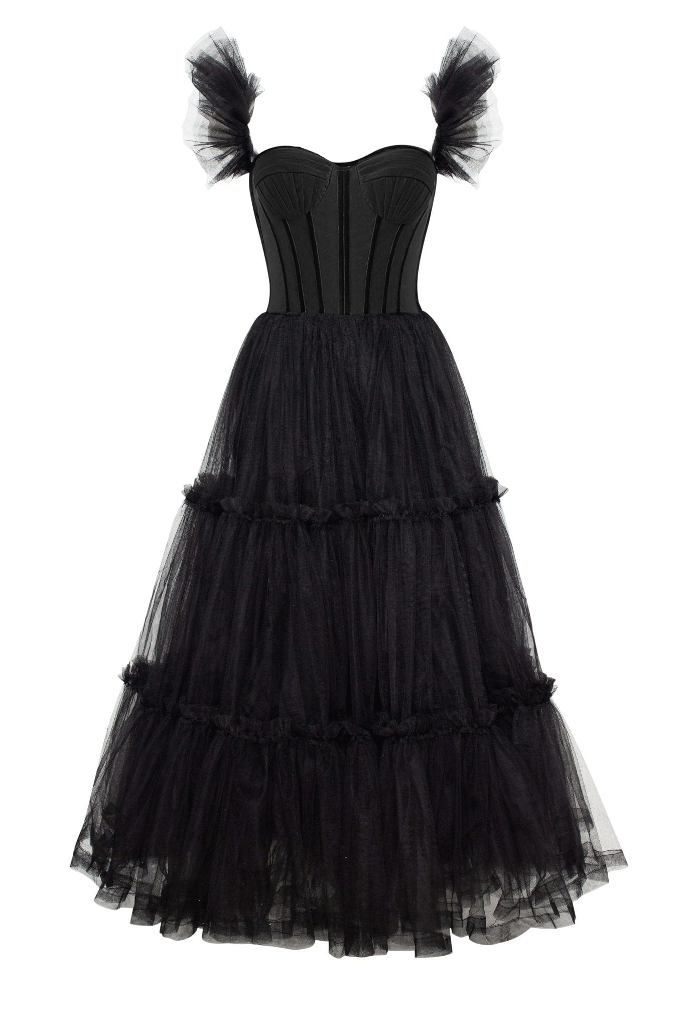 Vestido de fiesta de tul con volantes y corsé de corte en A