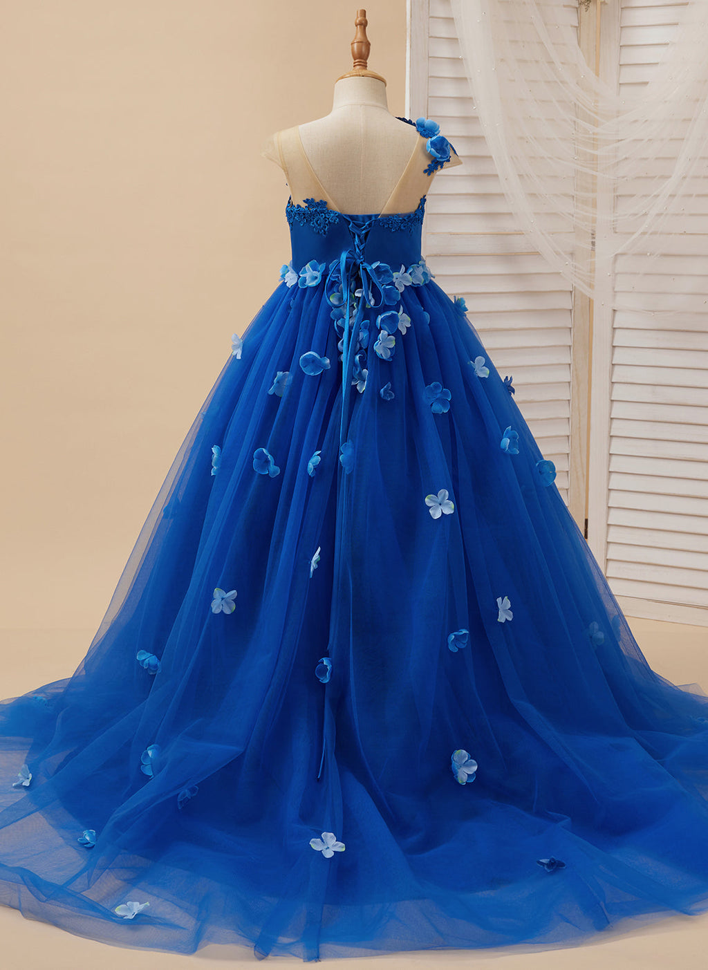 Vestido de princesa para niña de las flores con apliques y lazo azul real 